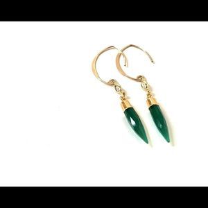 Genuine gemstone green onyx drop earrings on 14k gold fancy French wire